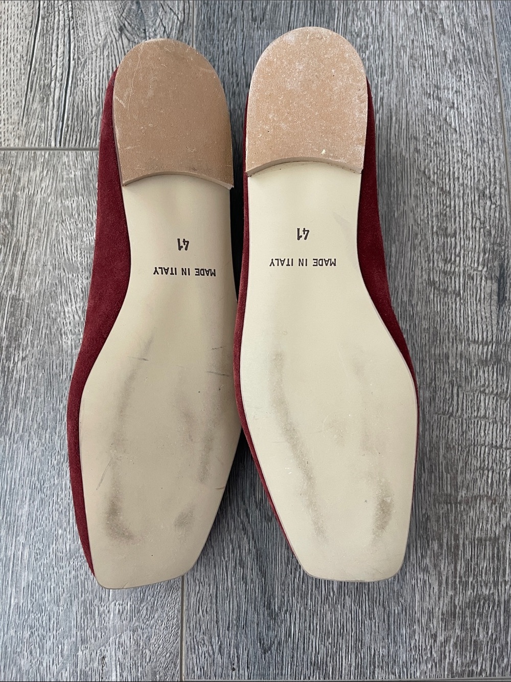 Red Suede Square-Toe Flats with Gold Buckle Accent - Picture 7 of 9